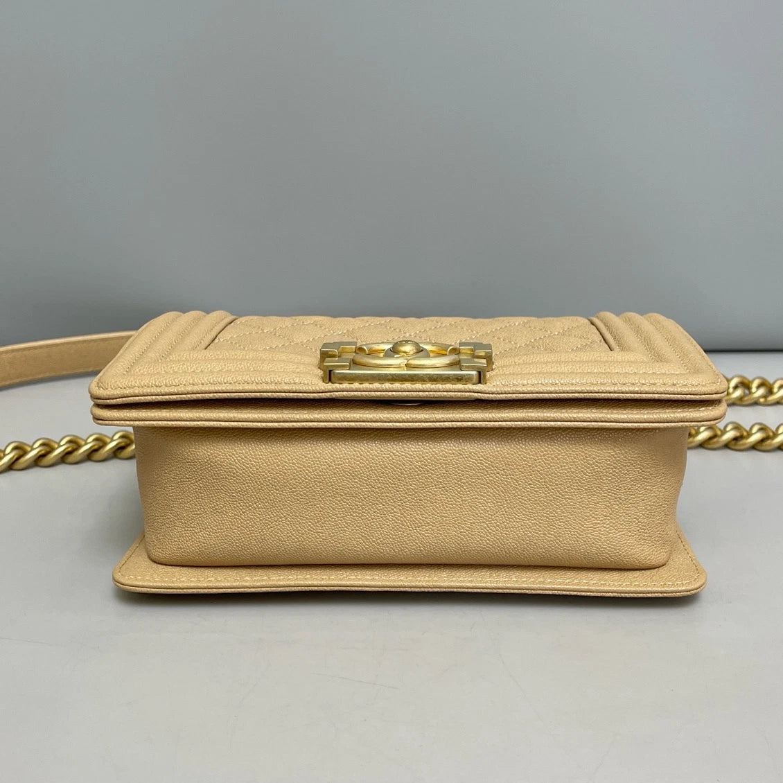 Chanel Leboy PM Calfskin Chain Shoulder Bag Crossbody Beige Gold Women Classic