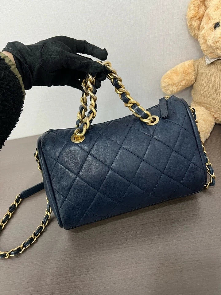 CHANEL 21B Blue Bowling Boston Handbag Shoulder Bag For Women