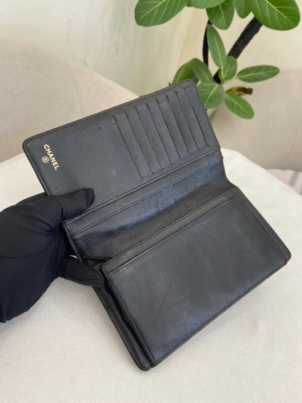 Chanel Leboy Diamond Long Wallet Black Gold Used Women Classic