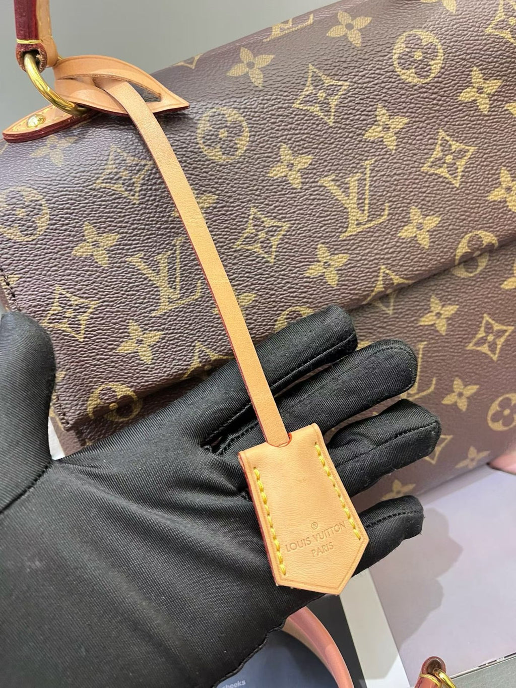 Louis Vuitton Cluny MM Monogram Top Handle Crossbody Brown Gold Women Classic