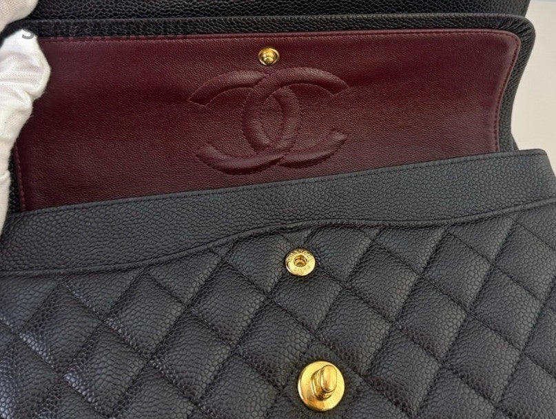 Chanel Classic Flap MM Chain Shoulder Bag Black Red Gold Used Women CC Logo