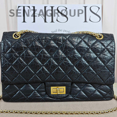 Chanel 2.55 Jumbo Black Gold Quilted Chain Shoulder Bag Classic Women