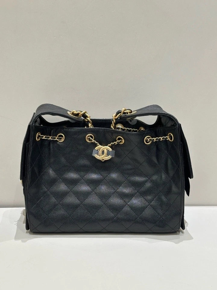 CHANEL 25bag Small Black Gold Tote Shoulder Bag For Women