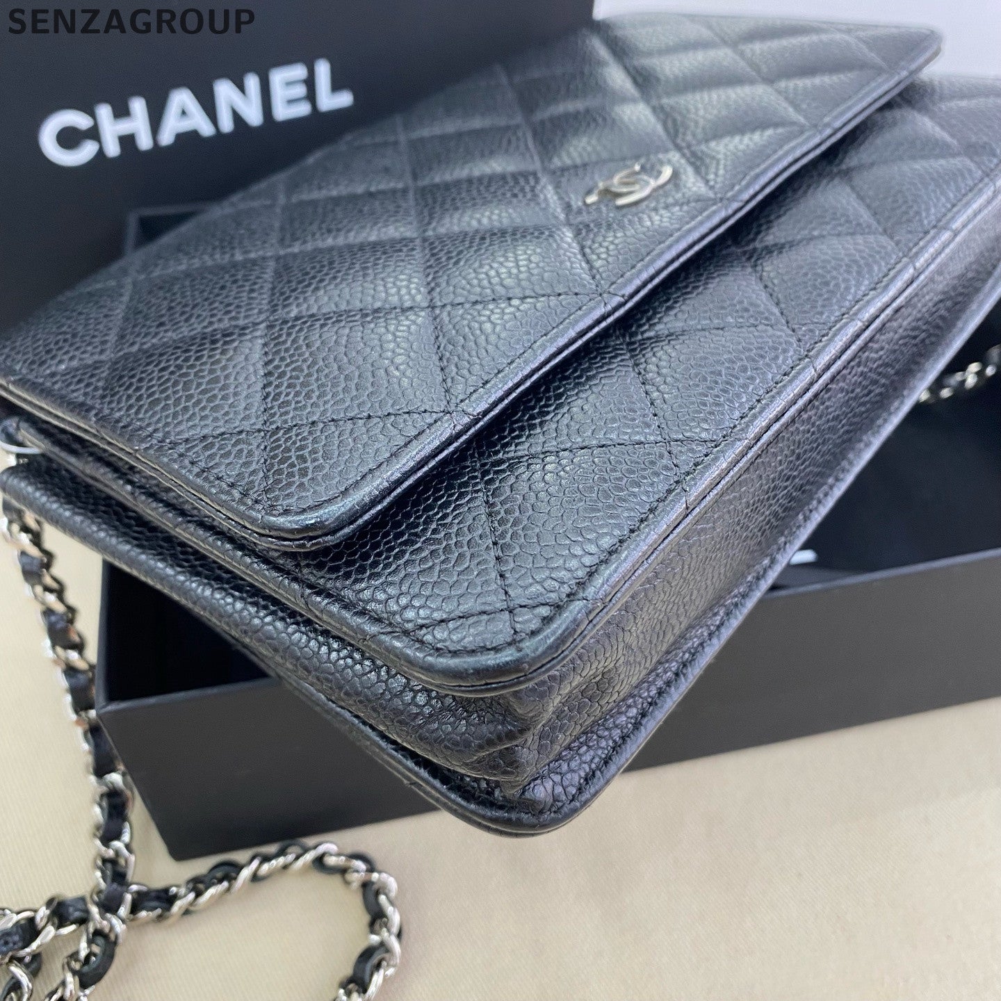 Chanel Black Silver Quilted Calfskin WOC Chain Shoulder Crossbody Bag