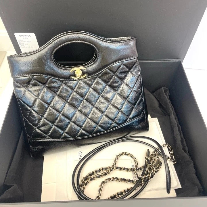 CHANEL 31Bag Mini Black Gold Lambskin Handbag For Women