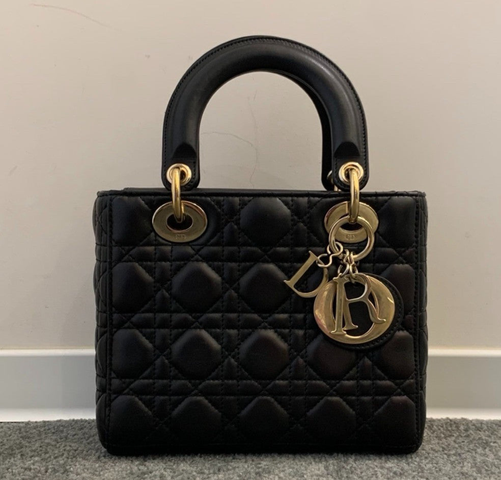 Christian Dior Lady Dior Lambskin Top Handle Bag Black Gold Used Women Classic