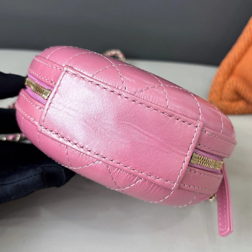 Chanel Diamond Chain Round Bag Crossbody Pink Gold Used Women Classic