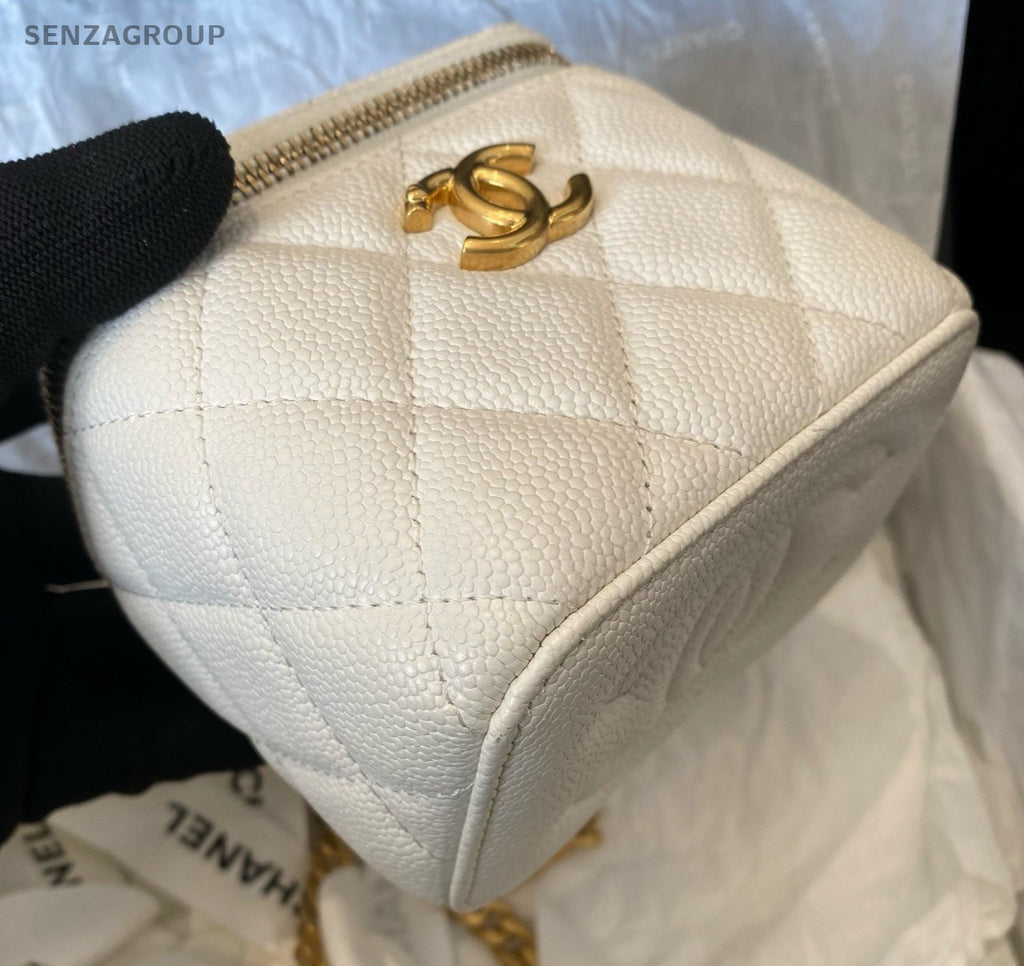 Chanel Vanity Case Calfskin Chain Shoulder Bag Crossbody White Gold Women