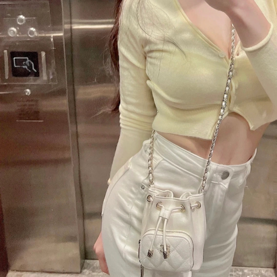 Chanel Bucket Mini Calfskin Shoulder Crossbody Bag White Gold Women Fashion S