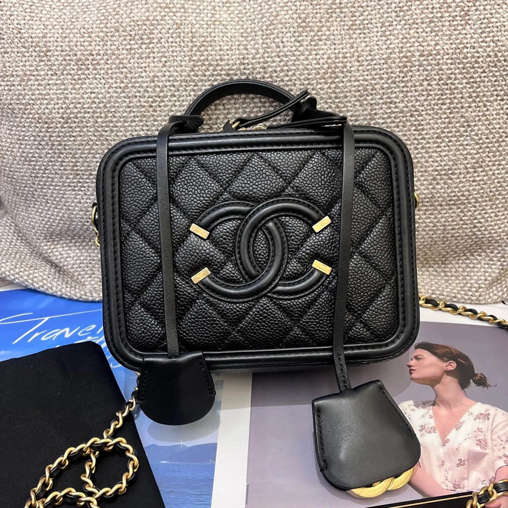 Chanel Vanity Case PM Chain Top Handle Crossbody Black Gold Women Diamond
