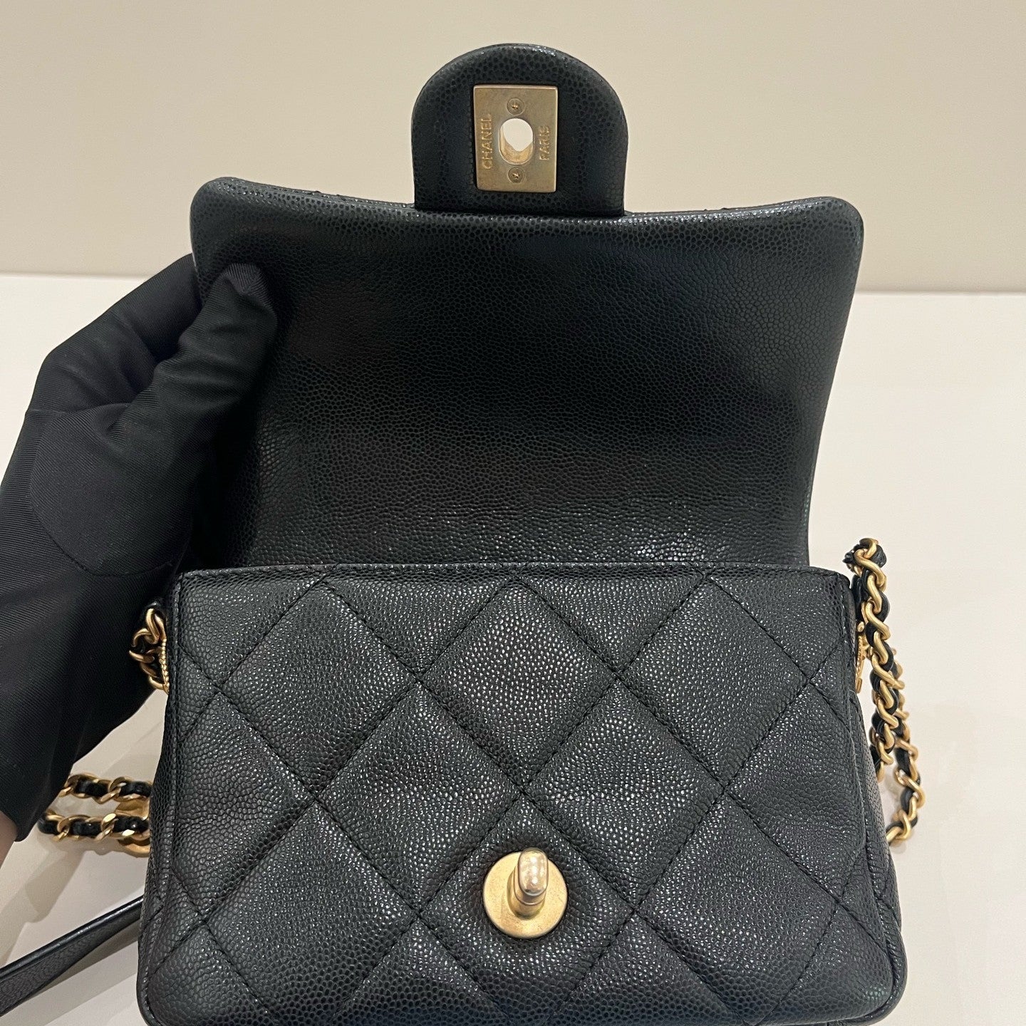 Chanel Classic Flap Quilted Gold Coin Chain Crossbody Bag Black Gold