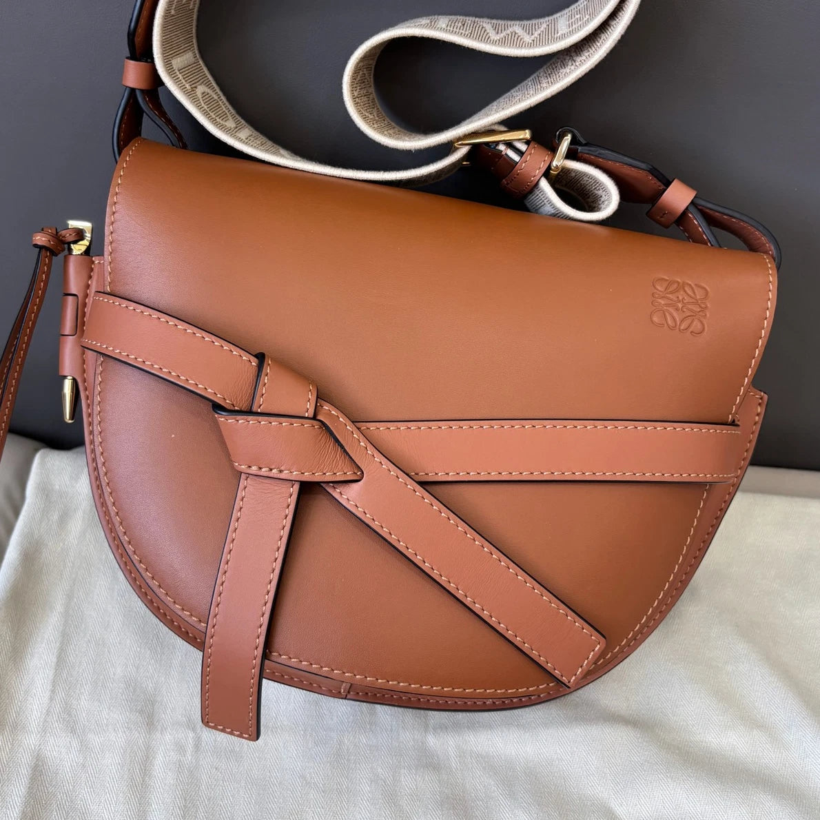 Excellent Loewe Gate PM Brown 2Way Shoulder Bag Crossbody Gold Hardware