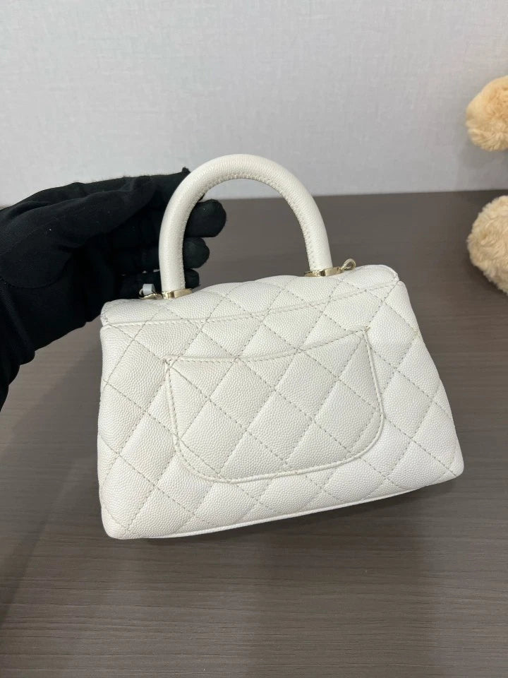 CHANEL White Leather Mini Coco Handle Bag For Women