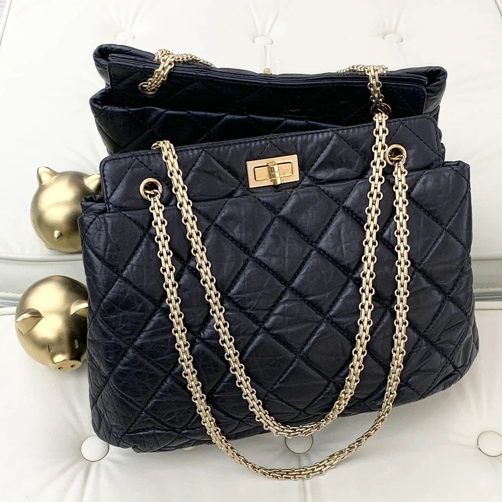 Authentic Chanel Calfskin Tote Chain Shoulder Bag Black Gold Hardware