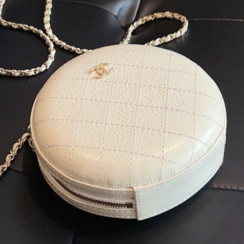 Chanel Calfskin Round Bag Chain Shoulder Bag Crossbody White Gold Women Classic