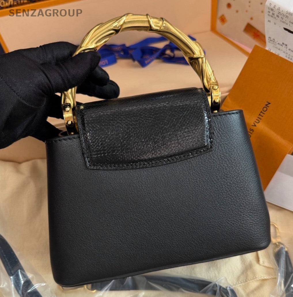 Louis Vuitton Capucine Mini Calfskin Top Handle Bag Crossbody Black Gold Women