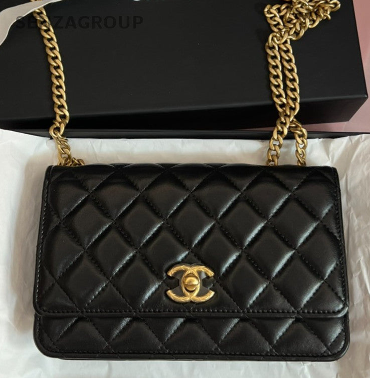 Chanel WOC Chain Shoulder Bag Crossbody Black Gold Used Women Classic