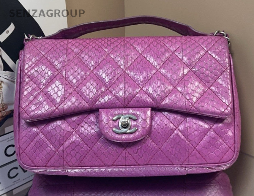 Chanel Classic Flap Snakeskin Chain Top Handle Bag Purple Silver Women Designer