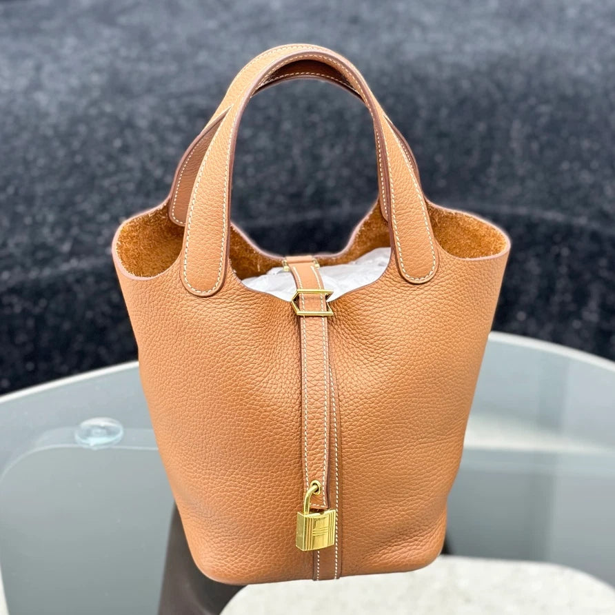 Hermes Picotin 18 Bucket Calfskin Top Handle Bag Brown Gold Hardware Women S