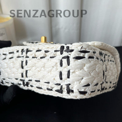 Chanel CF Black White Raffia Chain Shoulder Crossbody Bag Women