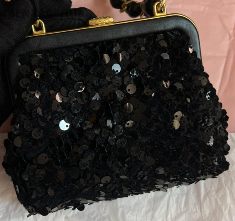 Chanel 24A Chain Shoulder Bag Crossbody Black Gold Used Women Classic