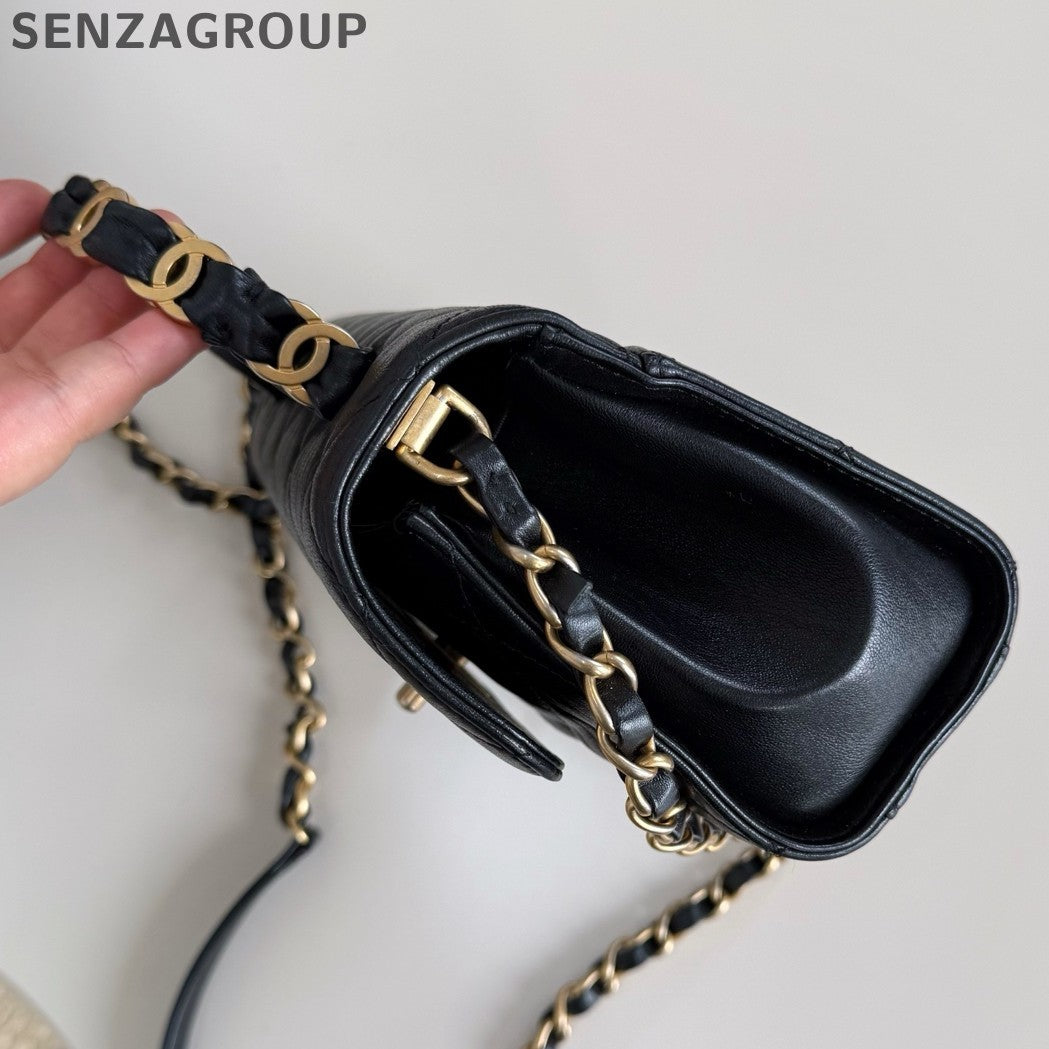 Chanel Kelly Diamond Chain Top Handle Crossbody Black Gold Women Classic