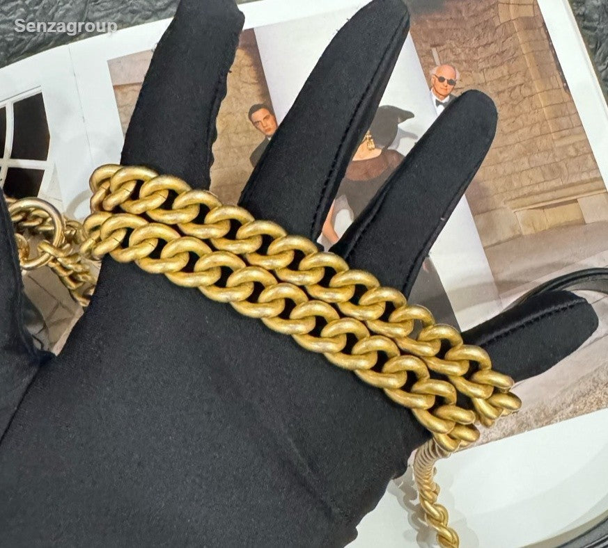 Chanel Lambskin Diamond Chain Shoulder Bag Crossbody Black Gold Women Classic
