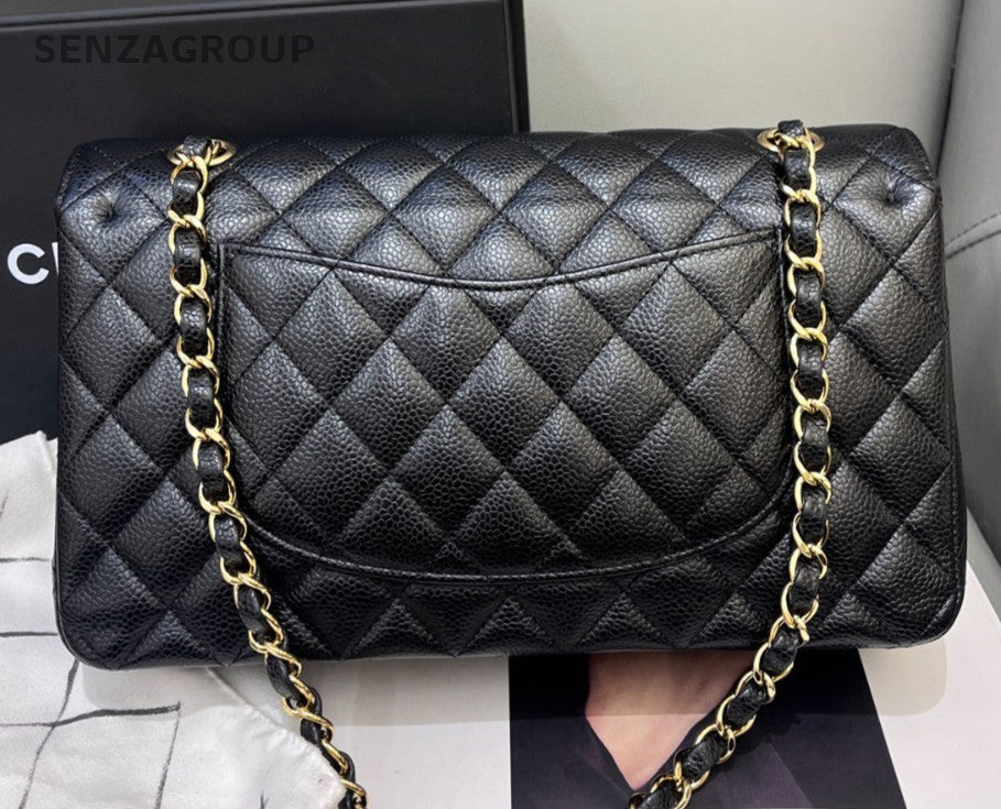 Chanel Classic Flap MM Calfskin Chain Shoulder Bag Crossbody Black Gold Women