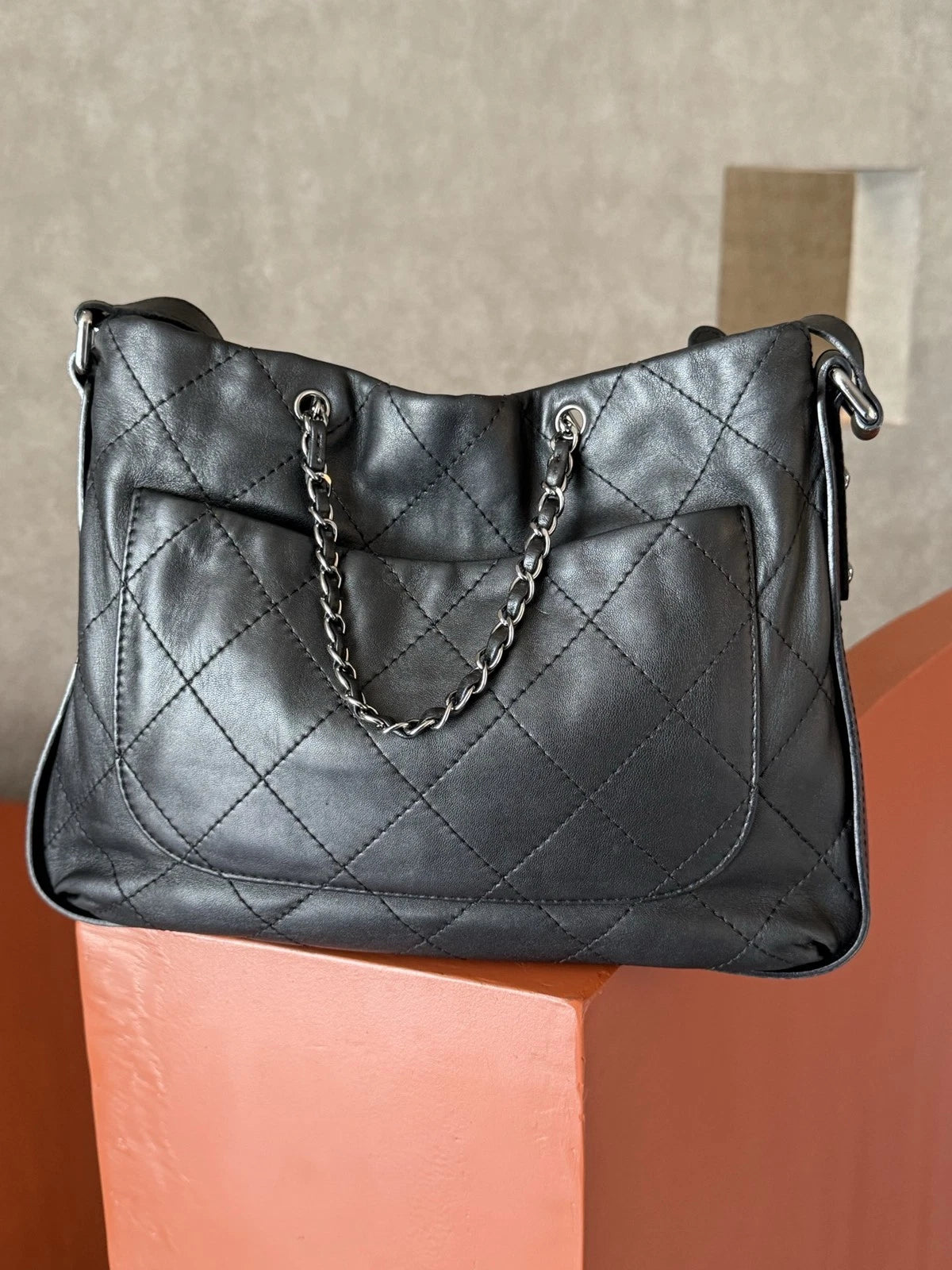 Authentic Chanel Tote Chain Top Handle Shoulder Bag Black Silver Hardware