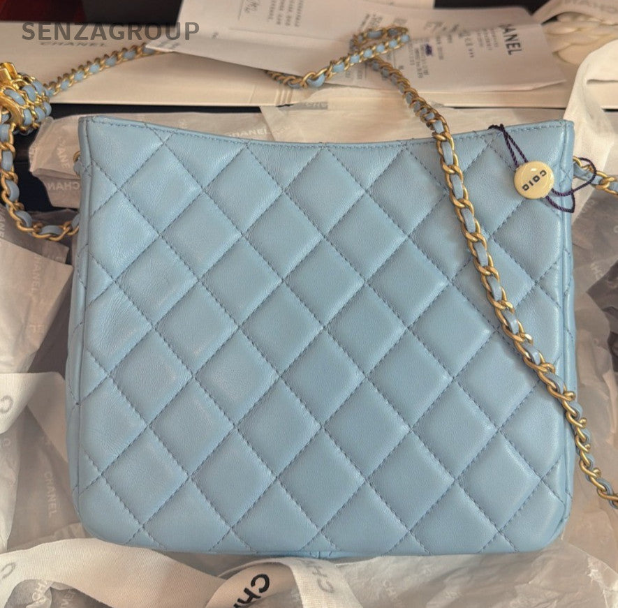 Chanel Diamond Hobo Bag Chain Shoulder Bag Crossbody Blue Gold Women Classic