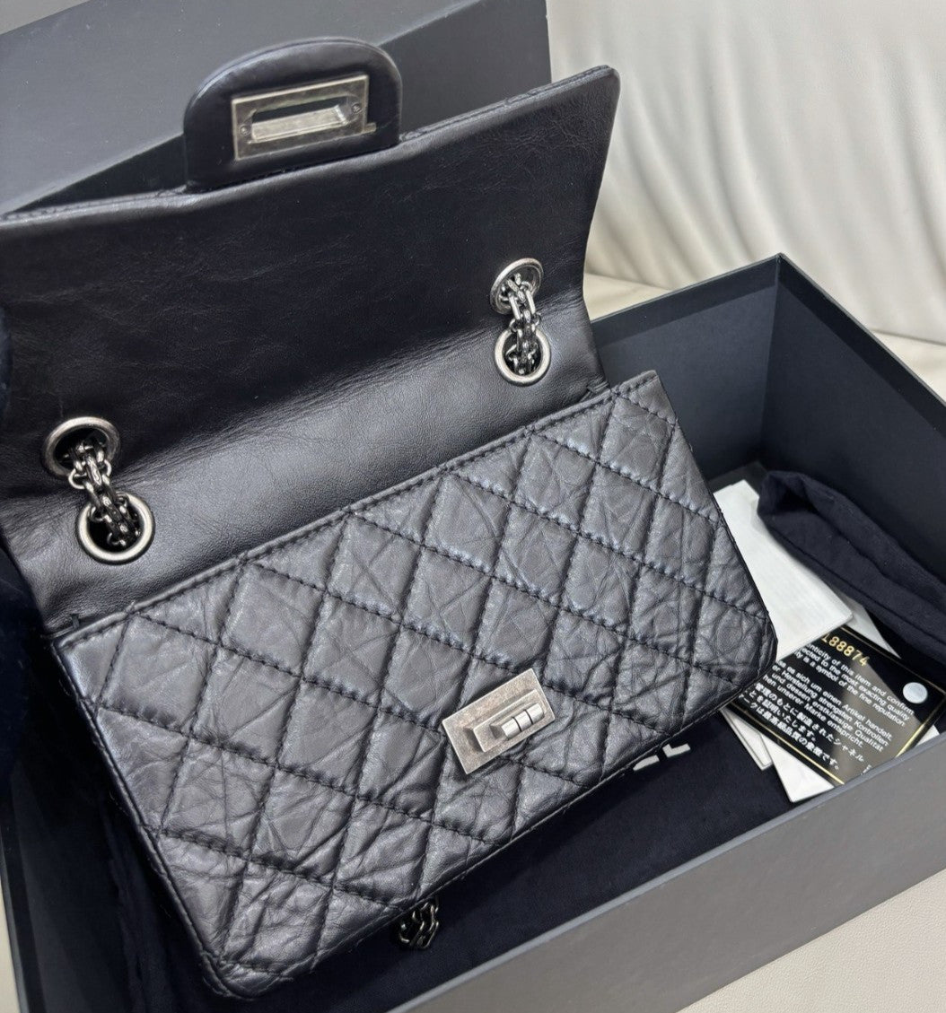 Chanel 2.55 Mini Chain Shoulder Bag Crossbody Black Silver Diamond Women Classic
