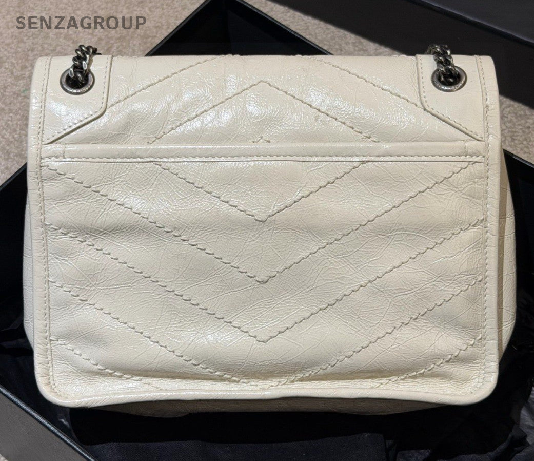 Saint Laurent Niki PM Chain Shoulder Bag White Silver Used Women Classic Fashion