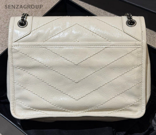 Saint Laurent Niki PM Chain Shoulder Bag White Silver Used Women Classic Fashion