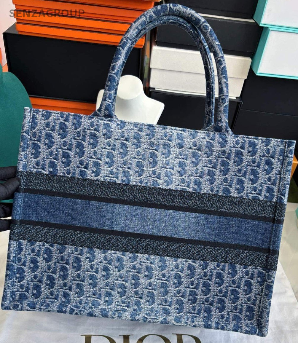 Christian Dior Book Tote MM Denim Oblique Top Handle Shoulder Bag Women Blue