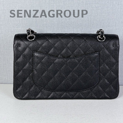 Chanel Classic Flap Calfskin Chain Shoulder Bag Black Silver Women