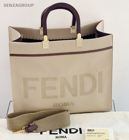 FENDI Sunshine MM Canvas Top Handle Shoulder Crossbody Tote Beige Women