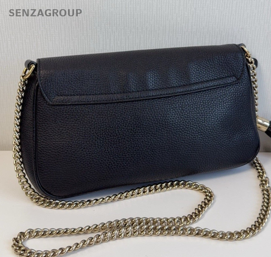 Gucci Calfskin Chain Crossbody Shoulder Bag Black Gold Women Classic