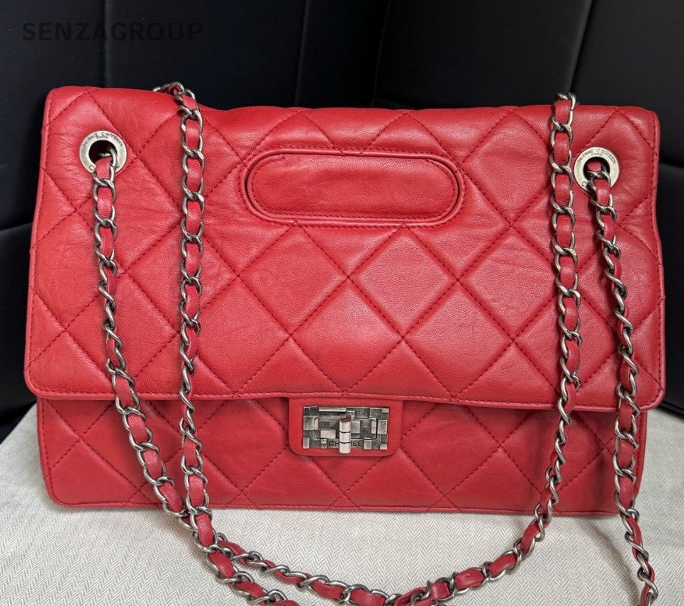 Chanel Lambskin Chain Shoulder Bag Crossbody Red Silver Diamond Women Classic