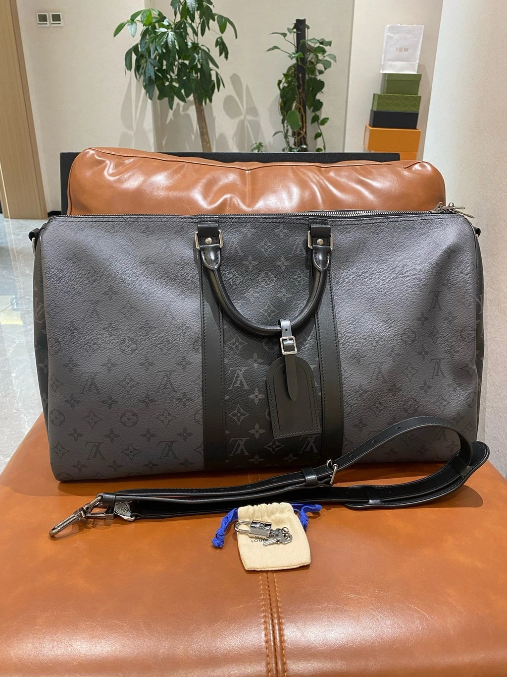 Louis Vuitton Keep all Monogram Canvas Black Silver Top Handle Shoulder Bag