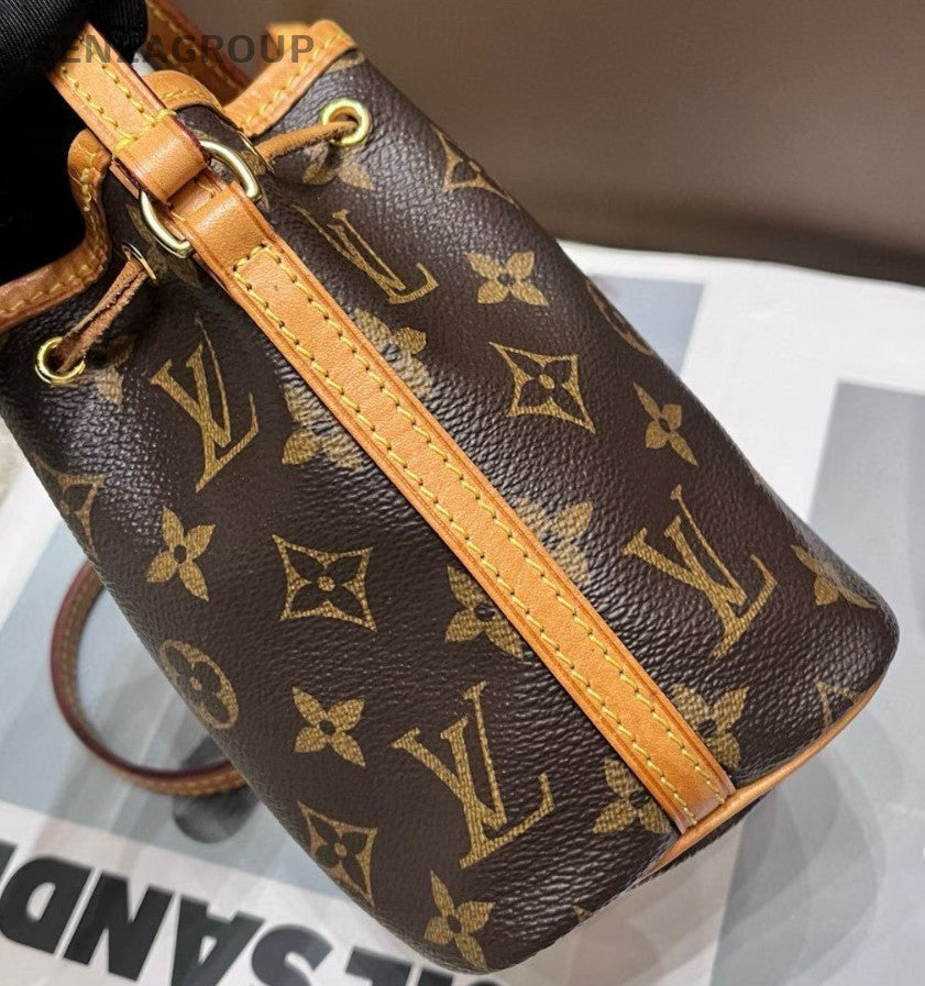 Louis Vuitton Monogram Nano Bucket Bag Crossbody Brown Gold Women Classic