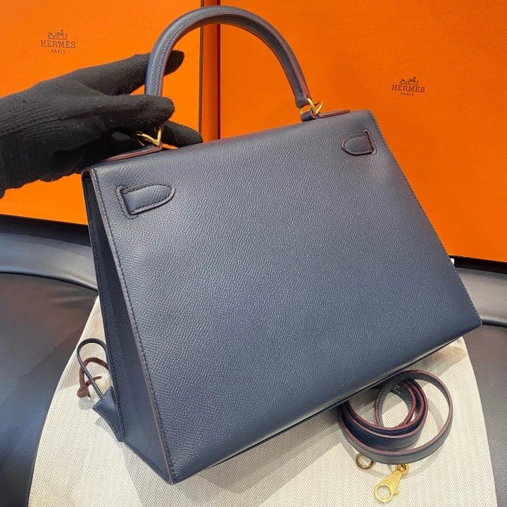 Hermes Kelly 28 Epsom Tote Top Handle Crossbody Bag Navy Gold Women D