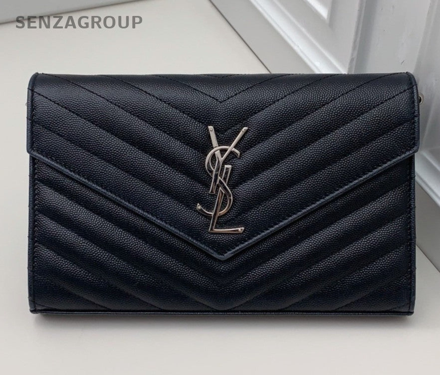 Saint Laurent Envelope MM Chain Calfskin Crossbody Black Silver Women Classic