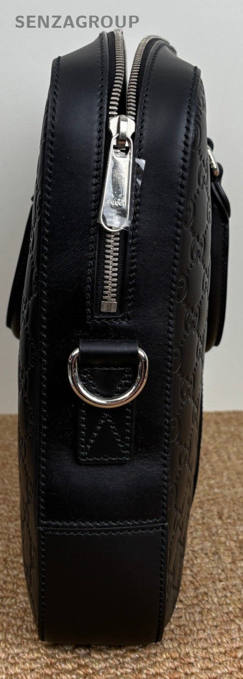 Gucci Signature Calfskin Satchel Handbag Black Silver Unisex Adults Classic