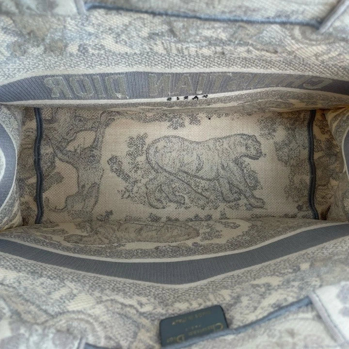 Dior Gray White Embroidered Canvas Medium Tote Handbag For Women