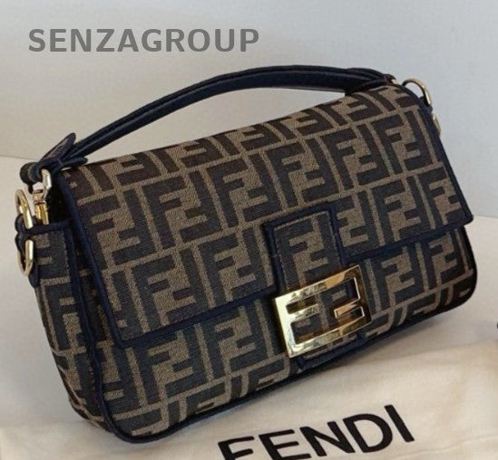 Fendi Baguette MM Top Handle Bag Crossbody Brown Gold Women Classic Designer