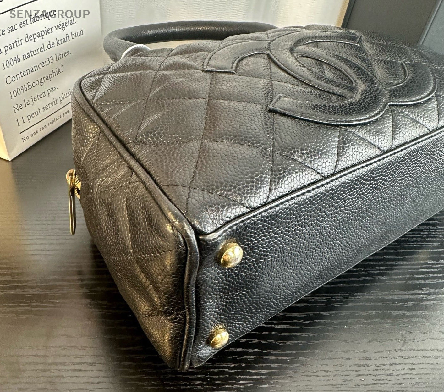 Chanel Bolide PM CC Logo Top Handle Bag Black Gold Used Women Classic Diamond