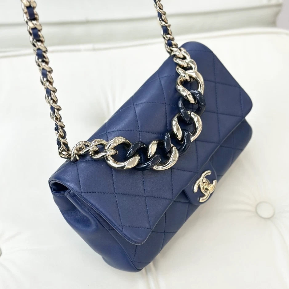 Chanel Calfskin Chain 2Ways Top Handle Bag Crossbody Navy Gold Women Classic S