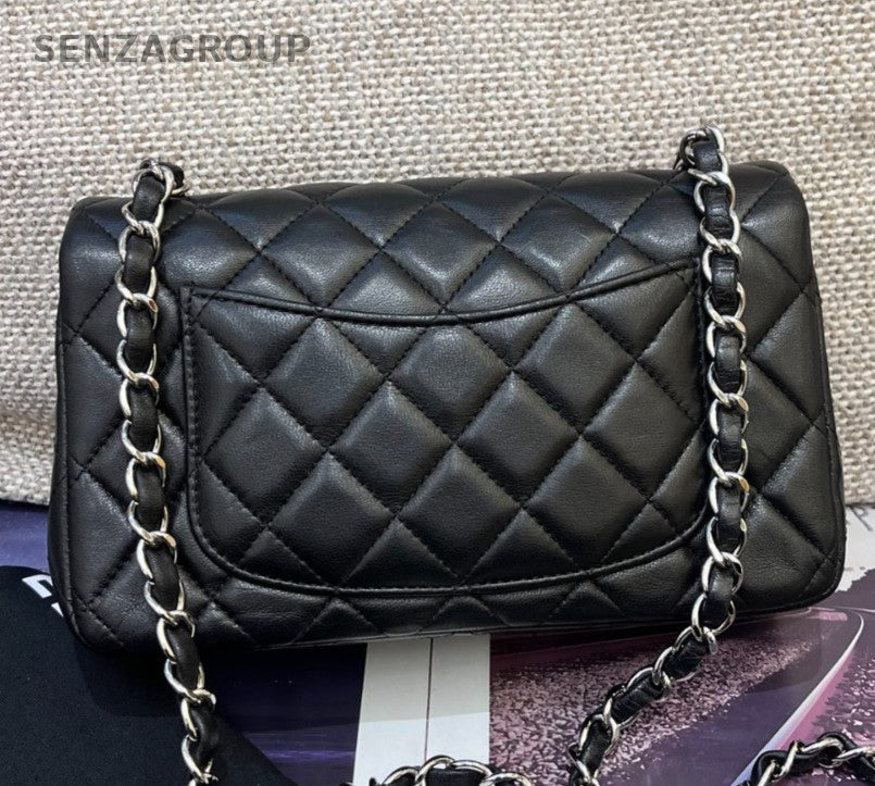 Chanel Classic Flap Mini Lambskin Chain Crossbody Shoulder Black Silver Women