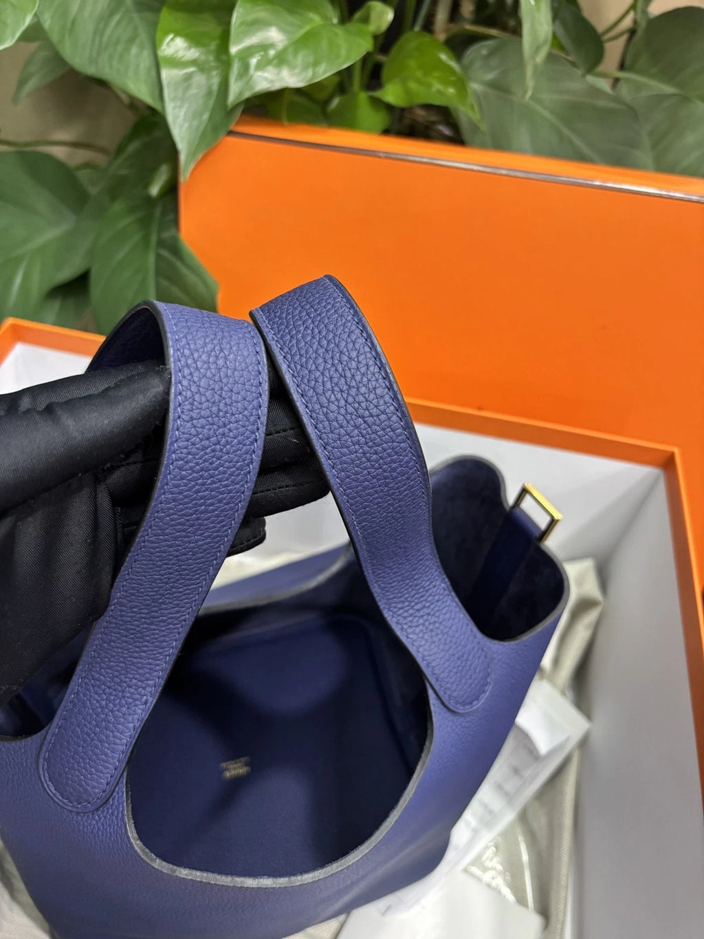 Hermes Picotion22 Bucket Top Handle Bag Blue Gold Used Women Classic