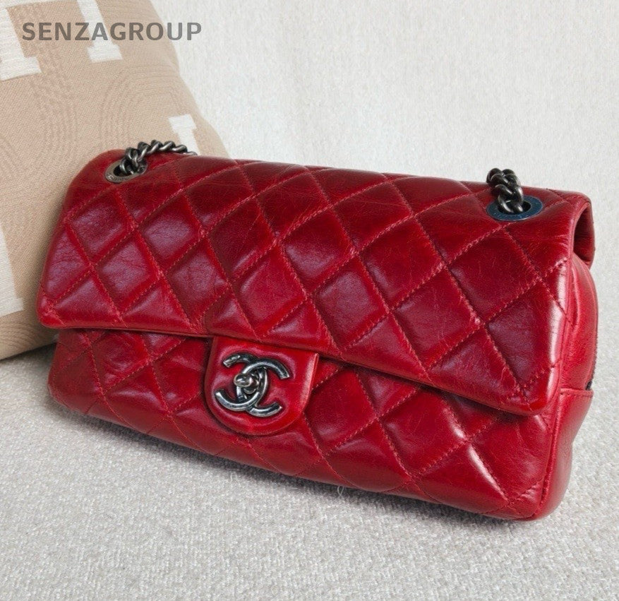 Chanel Classic Flap Chain Shoulder Bag Crossbody Red Silver Used Women Diamond